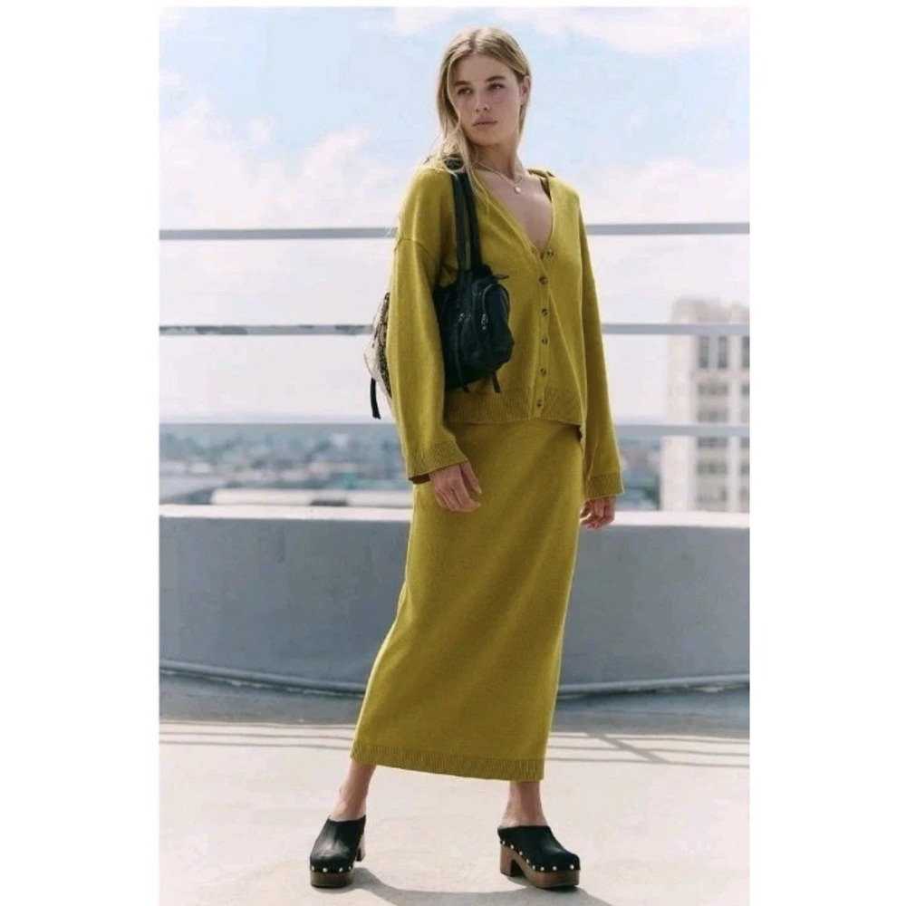 Free People Gwenna Sweater Set M Gold Cardigan Maxi Skirt 2 Piece NWT
